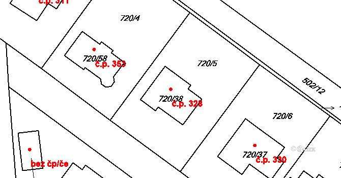 Semice 328 na parcele st. 720/38 v KÚ Semice nad Labem, Katastrální mapa