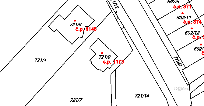 Rousínov 1173 na parcele st. 721/9 v KÚ Rousínov u Vyškova, Katastrální mapa