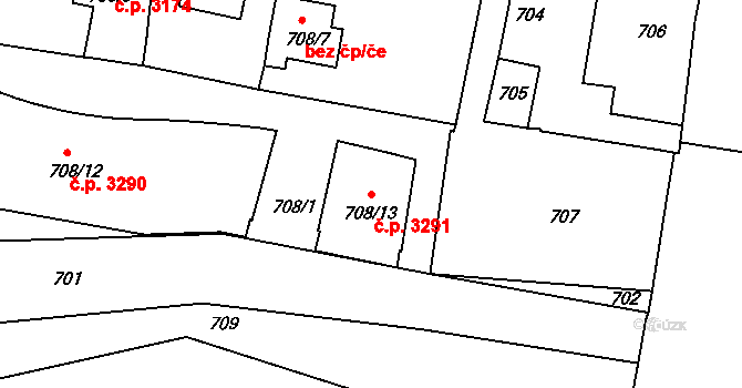Záběhlice 3291, Praha na parcele st. 708/13 v KÚ Záběhlice, Katastrální mapa
