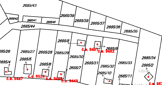 Děčín II-Nové Město 9451, Děčín na parcele st. 2685/8 v KÚ Děčín, Katastrální mapa