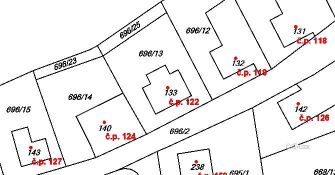 Škrdlovice 122 na parcele st. 133 v KÚ Škrdlovice, Katastrální mapa