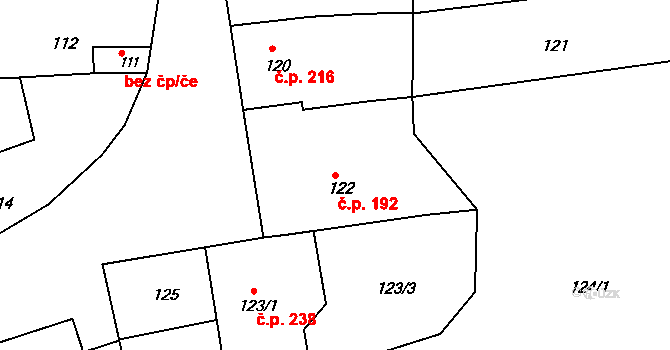 Milešovice 192 na parcele st. 122 v KÚ Milešovice, Katastrální mapa