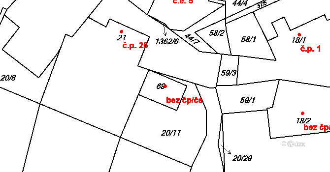 Loket 39388387 na parcele st. 69 v KÚ Všebořice u Dolních Kralovic, Katastrální mapa