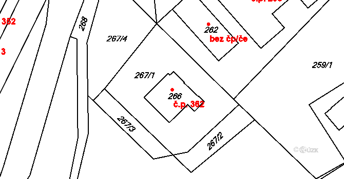 Březnice 362 na parcele st. 266 v KÚ Březnice u Zlína, Katastrální mapa