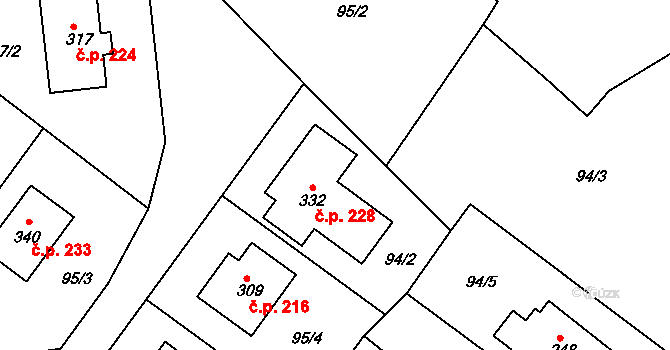 Novosedly nad Nežárkou 228 na parcele st. 332 v KÚ Novosedly nad Nežárkou, Katastrální mapa