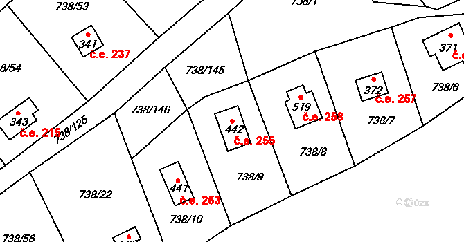 Vlkančice 255 na parcele st. 442 v KÚ Vlkančice, Katastrální mapa