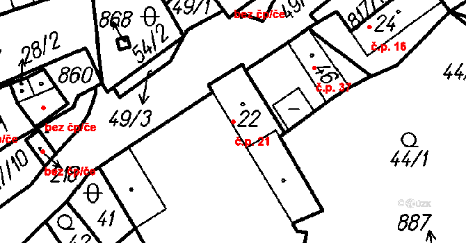 Horní Hradiště 21, Plasy na parcele st. 22 v KÚ Horní Hradiště, Katastrální mapa
