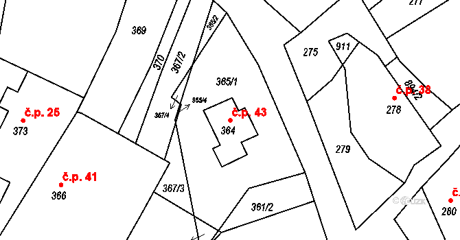 Děrné 43, Fulnek na parcele st. 364 v KÚ Děrné, Katastrální mapa