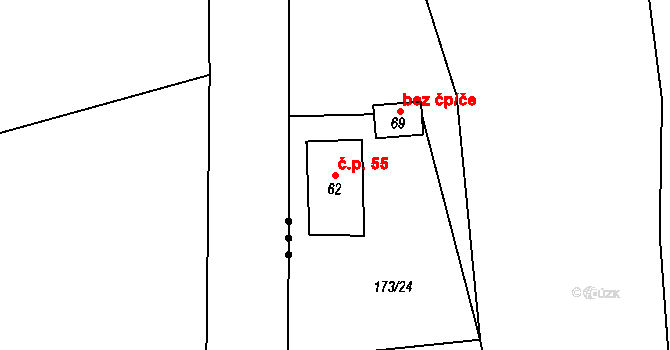 Houžná 55, Lenora na parcele st. 62 v KÚ Houžná, Katastrální mapa