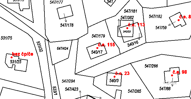 Kovářov 115, Frymburk na parcele st. 540/17 v KÚ Frymburk, Katastrální mapa