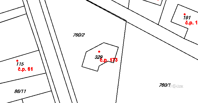 Březina 173 na parcele st. 329 v KÚ Březina u Rokycan, Katastrální mapa