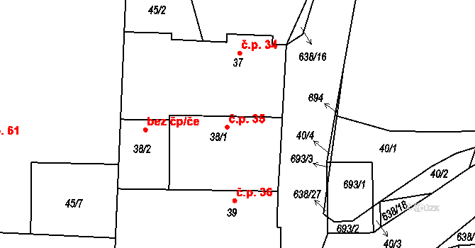 Nezbavětice 35 na parcele st. 38/1 v KÚ Nezbavětice, Katastrální mapa