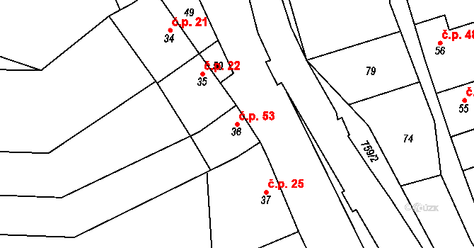 Hamry 53, Plumlov na parcele st. 36 v KÚ Hamry, Katastrální mapa