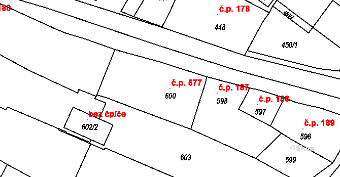 Bylnice 577, Brumov-Bylnice na parcele st. 600 v KÚ Bylnice, Katastrální mapa