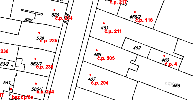 Čelákovice 205 na parcele st. 465 v KÚ Čelákovice, Katastrální mapa