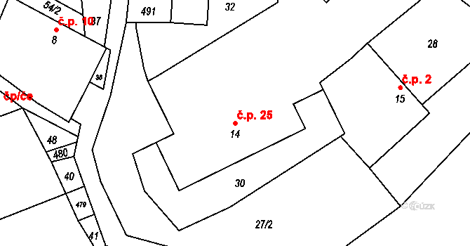 Býkovec 25, Kaliště na parcele st. 14 v KÚ Býkovec, Katastrální mapa