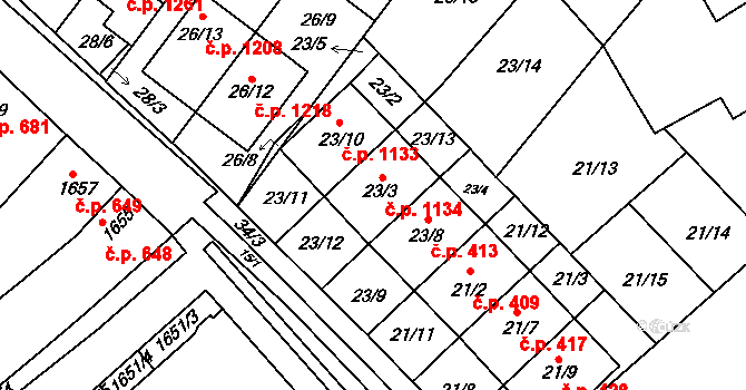 Rousínov 1134 na parcele st. 23/3 v KÚ Rousínov u Vyškova, Katastrální mapa