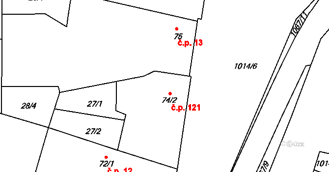 Cerhenice 121 na parcele st. 74/2 v KÚ Cerhenice, Katastrální mapa
