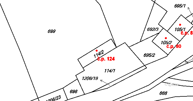 Dolní Štěpanice 124, Benecko na parcele st. 114/2 v KÚ Dolní Štěpanice, Katastrální mapa
