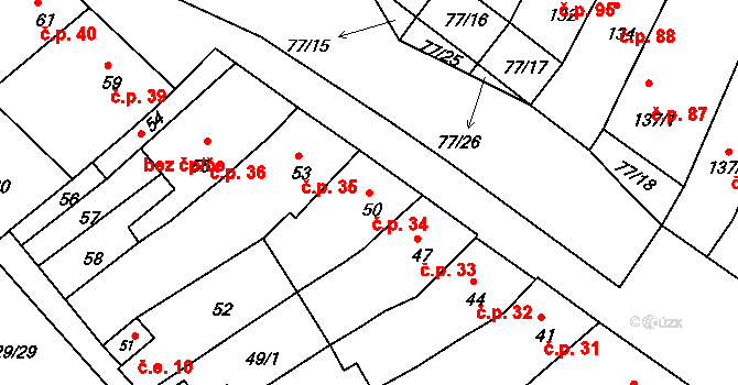 Radostice 34 na parcele st. 50 v KÚ Radostice u Brna, Katastrální mapa