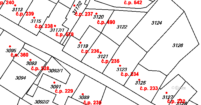 Dolní Kounice 235 na parcele st. 3121 v KÚ Dolní Kounice, Katastrální mapa