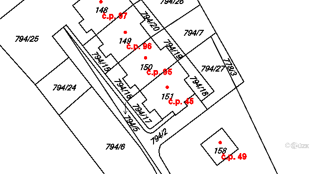 Žebice 45, Boreč na parcele st. 151 v KÚ Boreč, Katastrální mapa