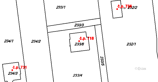Vejprnice 718 na parcele st. 233/6 v KÚ Vejprnice, Katastrální mapa
