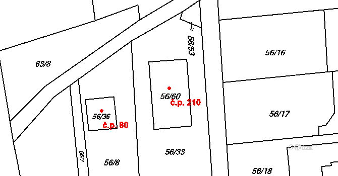 Útěchov 210, Brno na parcele st. 56/60 v KÚ Útěchov u Brna, Katastrální mapa