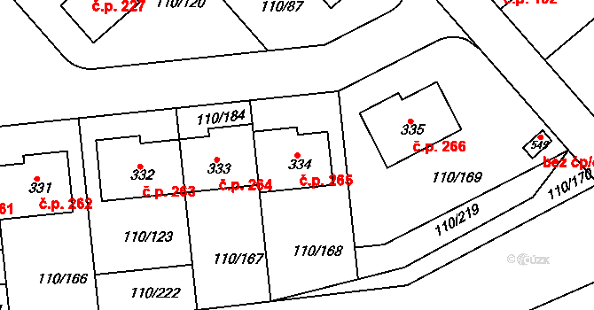 Mratín 265 na parcele st. 334 v KÚ Mratín, Katastrální mapa