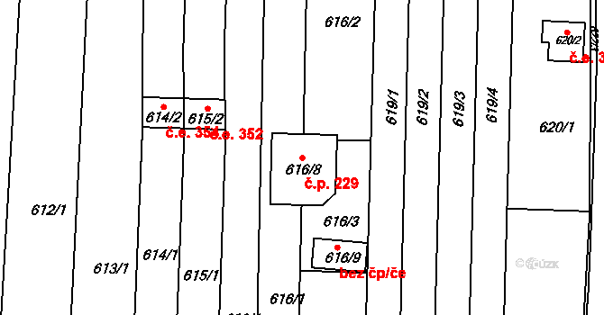 Popůvky 229 na parcele st. 616/8 v KÚ Popůvky u Brna, Katastrální mapa