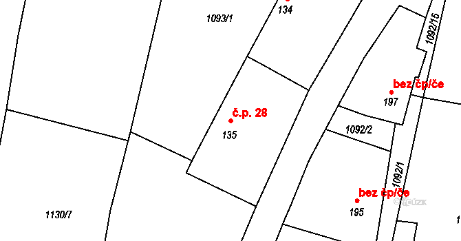 Karlov-Nepomuk 28, Dražíč na parcele st. 135 v KÚ Dražíč, Katastrální mapa