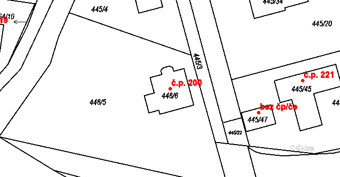Šebrov 200, Šebrov-Kateřina na parcele st. 446/6 v KÚ Šebrov, Katastrální mapa