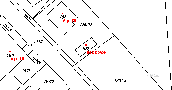 Vavřinec 38297388 na parcele st. 103 v KÚ Chmeliště, Katastrální mapa