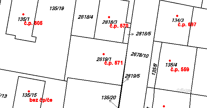 Protivín 571 na parcele st. 2819/1 v KÚ Protivín, Katastrální mapa