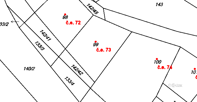 Travná 73, Horní Bradlo na parcele st. 99 v KÚ Travná u Horního Bradla, Katastrální mapa