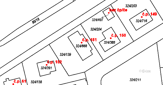 Levín 151, Králův Dvůr na parcele st. 324/668 v KÚ Levín u Berouna, Katastrální mapa