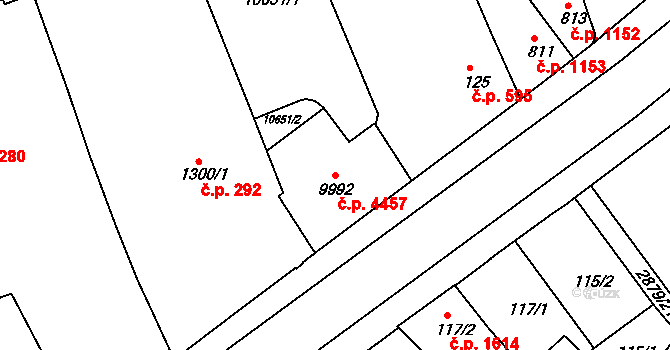 Hodonín 4457 na parcele st. 9992 v KÚ Hodonín, Katastrální mapa