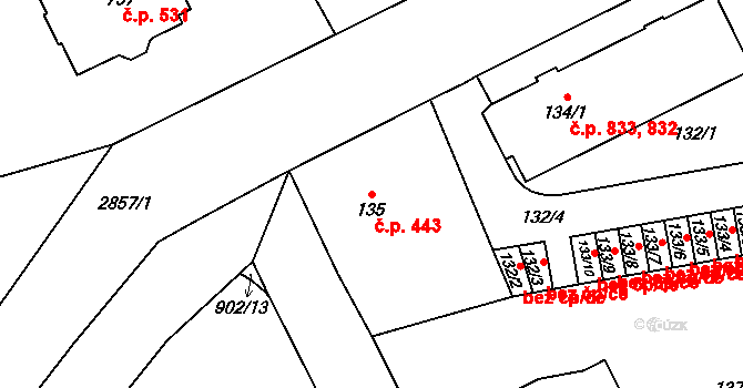 Dobruška 443 na parcele st. 135 v KÚ Dobruška, Katastrální mapa
