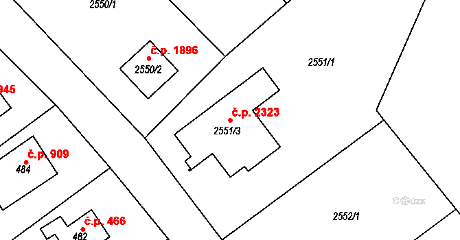 Roztoky 2323 na parcele st. 2551/3 v KÚ Roztoky u Prahy, Katastrální mapa