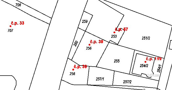 Dobrochov 38 na parcele st. 256 v KÚ Dobrochov, Katastrální mapa