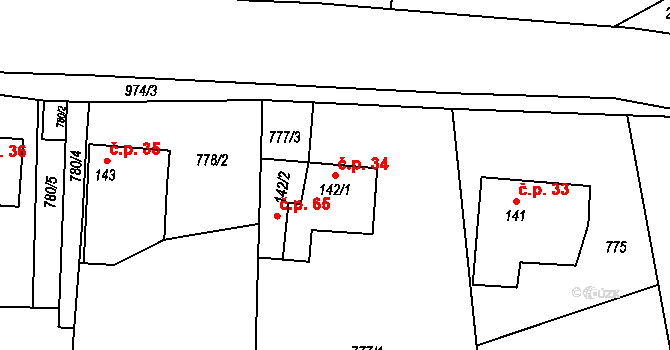 Jednov 34, Suchdol na parcele st. 142/1 v KÚ Suchdol u Konice, Katastrální mapa