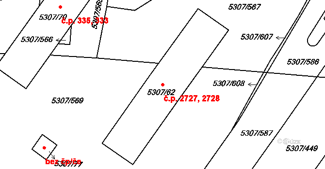 Přerov I-Město 2727,2728, Přerov na parcele st. 5307/62 v KÚ Přerov, Katastrální mapa