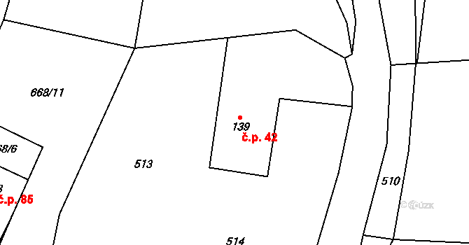 Kozlov 42 na parcele st. 139 v KÚ Kozlov u Jihlavy, Katastrální mapa