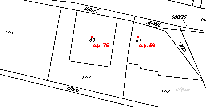 Podolí 75, Bouzov na parcele st. 89 v KÚ Podolí u Bouzova, Katastrální mapa