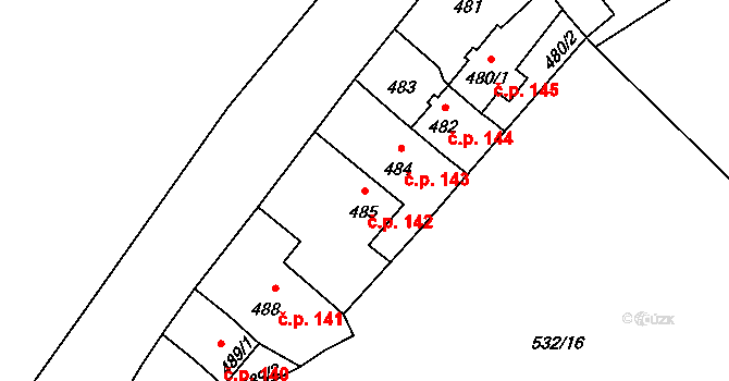 Poříčí 142, Boršov nad Vltavou na parcele st. 485 v KÚ Boršov nad Vltavou, Katastrální mapa