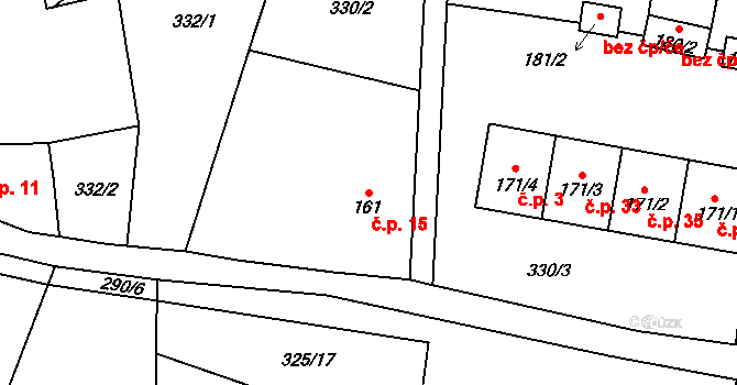 Mohuřice 15, Slavče na parcele st. 161 v KÚ Mohuřice, Katastrální mapa