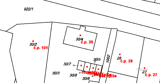 Buzice 29 na parcele st. 30/4 v KÚ Buzice, Katastrální mapa