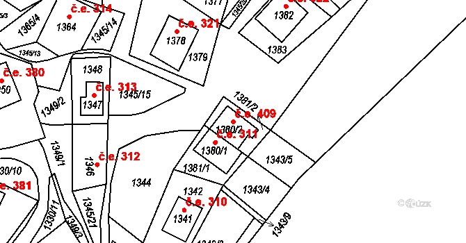 Miřetice u Klášterce nad Ohří 409, Klášterec nad Ohří na parcele st. 1380/2 v KÚ Miřetice u Klášterce nad Ohří, Katastrální mapa