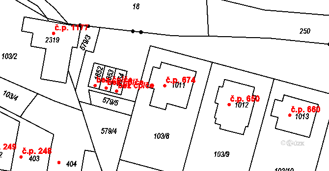 Podklášteří 674, Třebíč na parcele st. 1011 v KÚ Podklášteří, Katastrální mapa