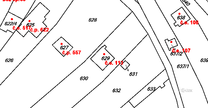 Obřany 113, Brno na parcele st. 629 v KÚ Obřany, Katastrální mapa